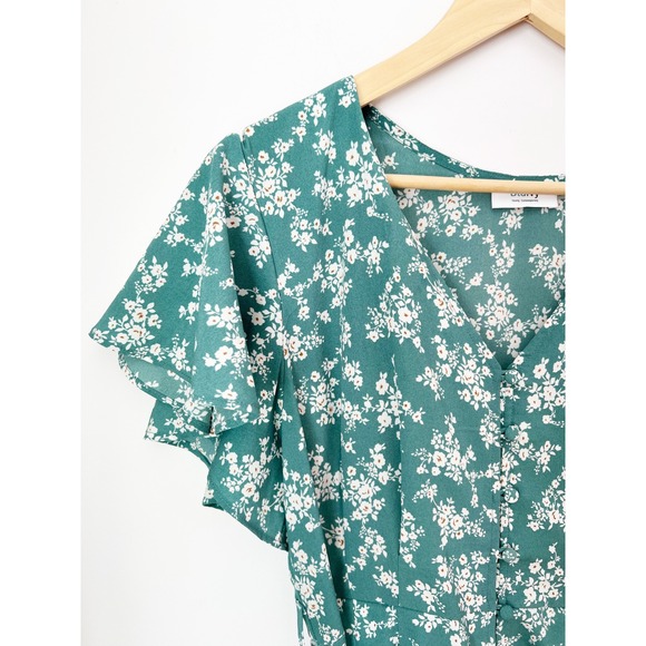 Bluivy Floral Romper Teal Green Flutter Sleeve Button Front Tie Waist Pockets L - Picture 5 of 7